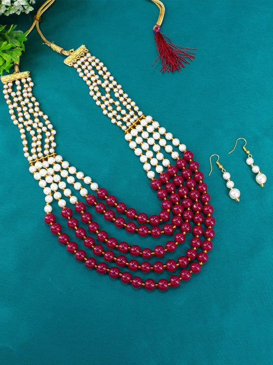 Red Pearls Beaded Layered Jewellery Set