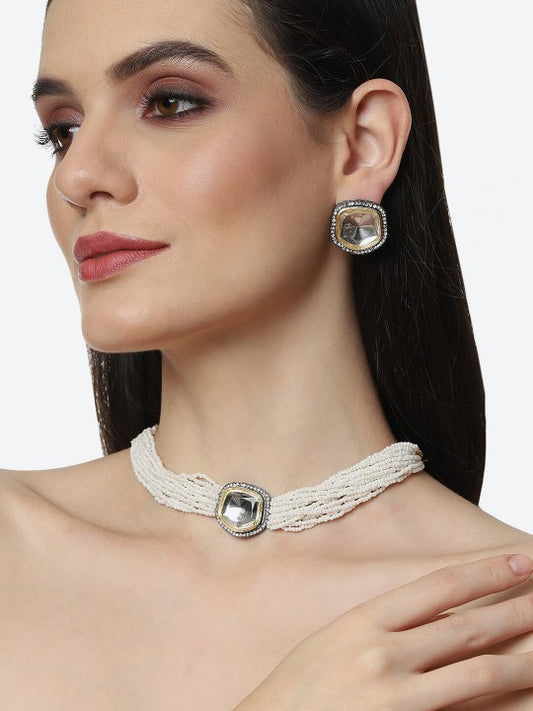 Gold Plated Kundan & Beaded Choker Jewellery Set