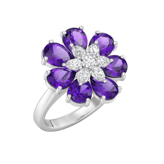 Silver Purple Stone Premium AD Ring – Floral Cluster Design