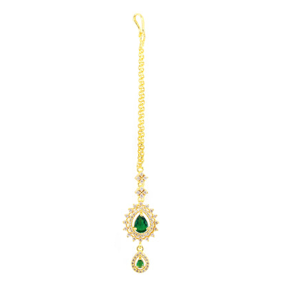 Gold Plated Green AD Maang Tikka for Women