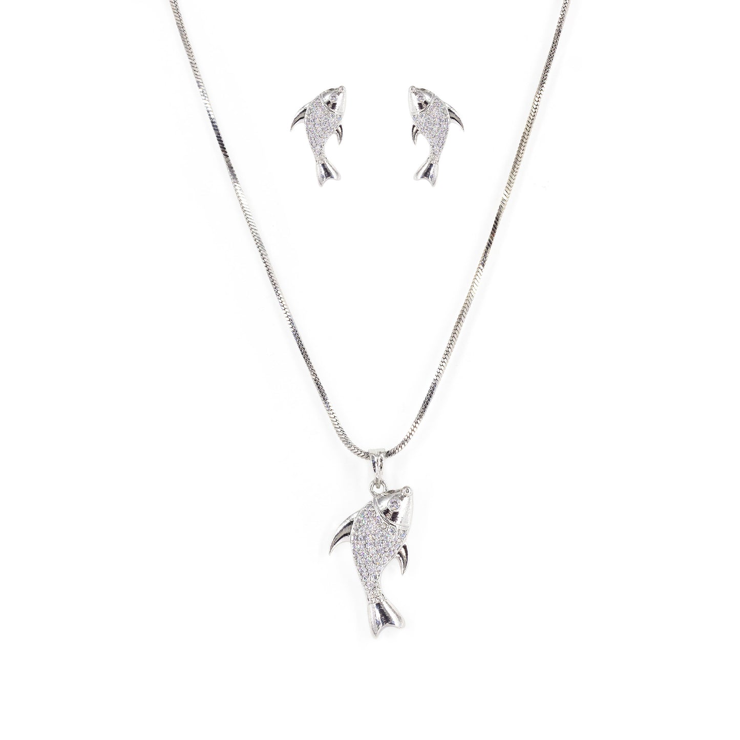 Silver Plated AD Studded Fish Pendant And Earrings Set for Women