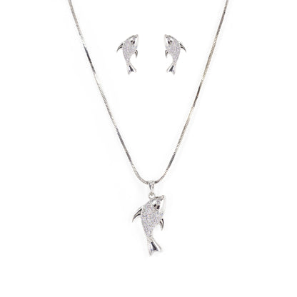Silver Plated AD Studded Fish Pendant And Earrings Set for Women