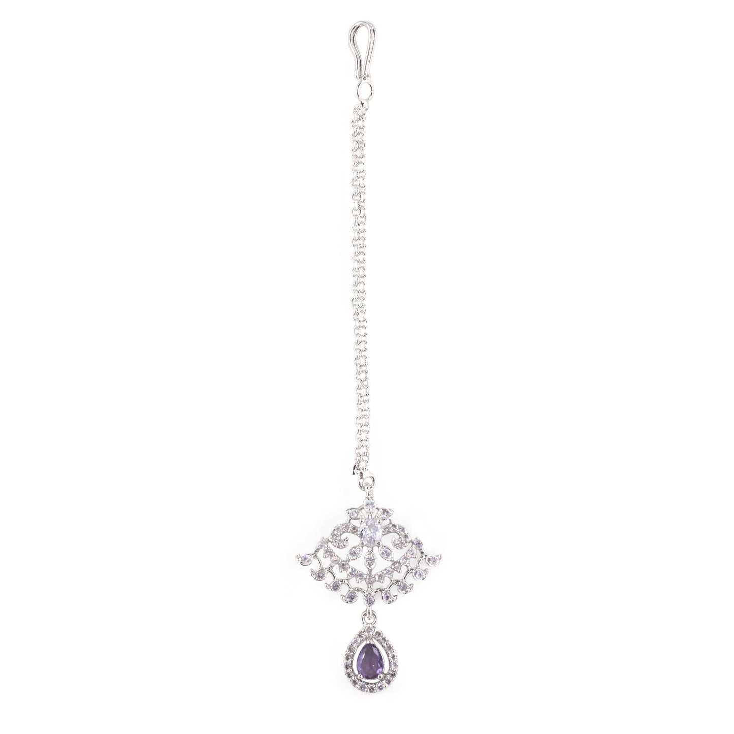Silver Plated Purple AD Maang Tikka for Women