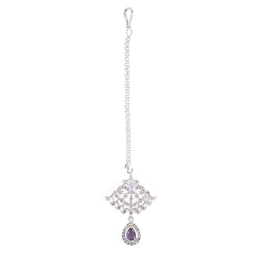 Silver Plated Purple AD Maang Tikka for Women