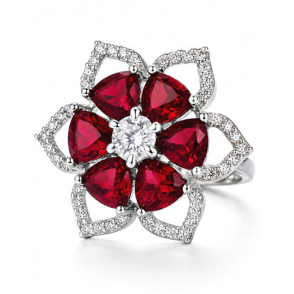 Rhodium Plated Red AD Floral Finger Ring for Women