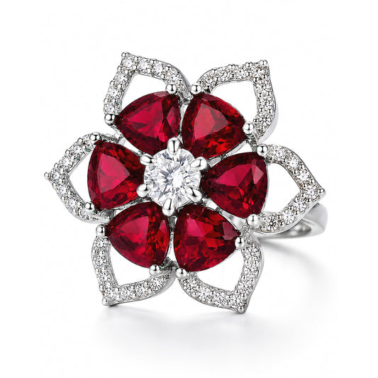Rhodium Plated Red AD Floral Finger Ring for Women