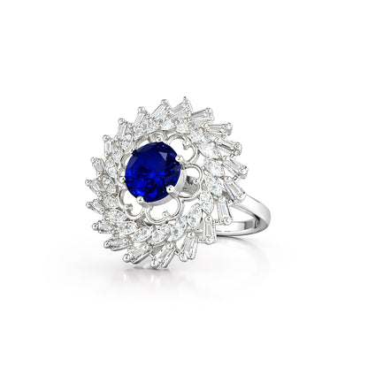 Silver Plated Blue AD Floral Adjustable Ring for Women