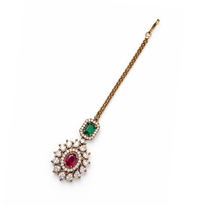 Antique Gold Plated Red AD Maang Tikka for Women