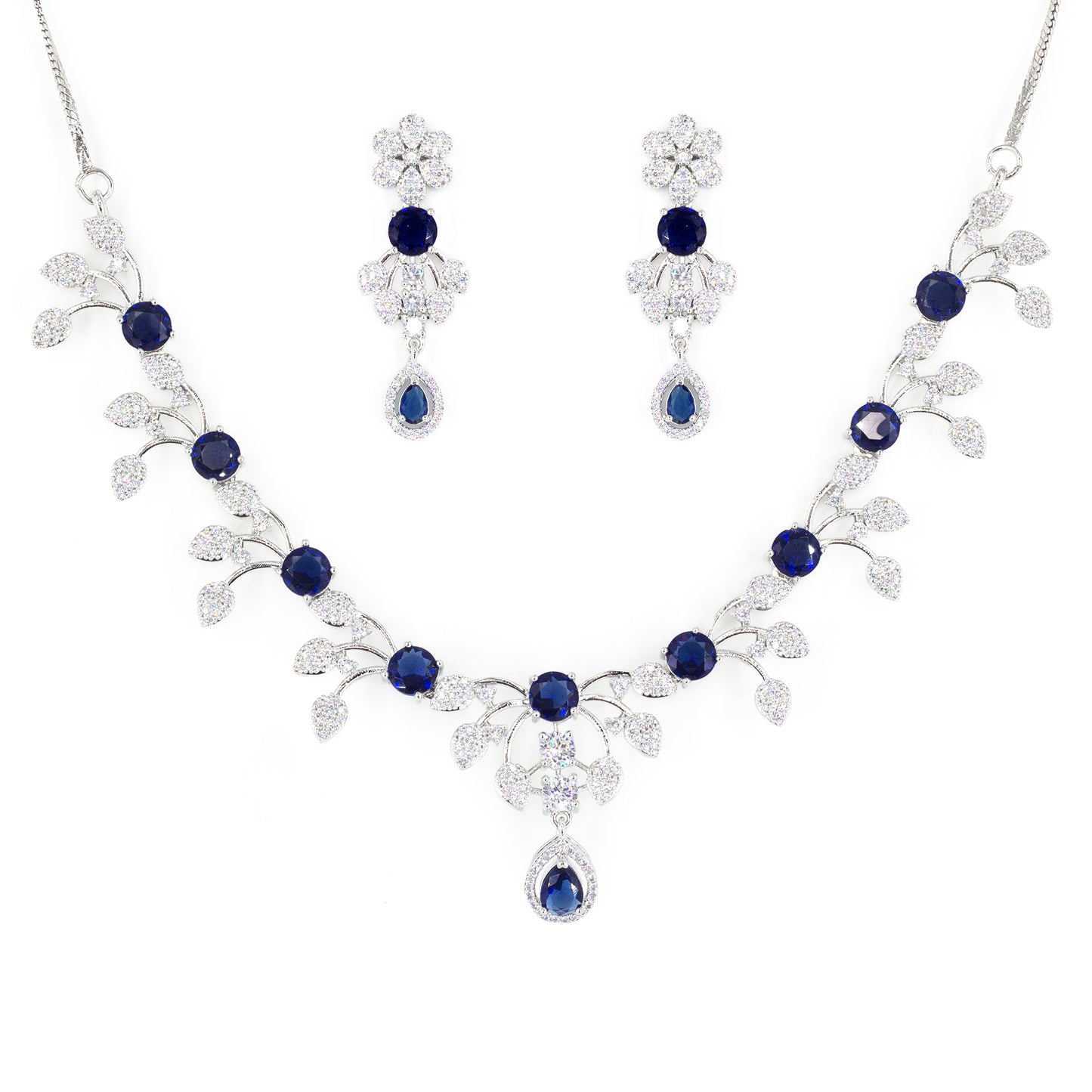 Rhodium Plated Blue AD Floral Jewellery Set