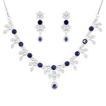 Rhodium Plated Blue AD Floral Jewellery Set