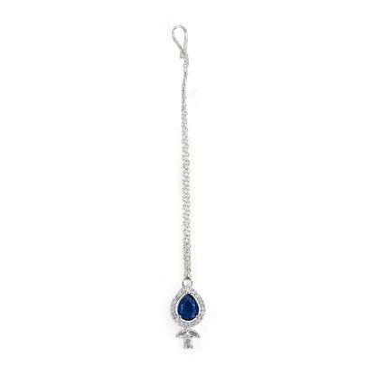 Silver Plated Blue American Diamond Maang Tikka for Women