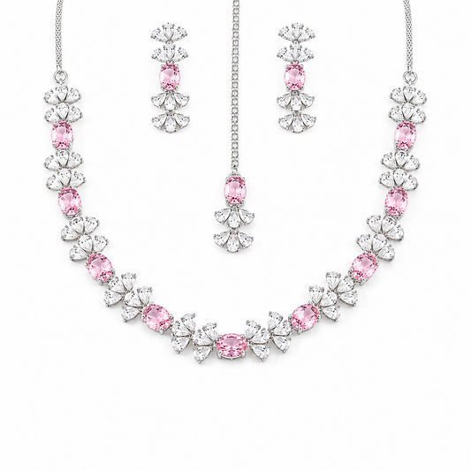 Silver Plated Pink AD Jewellery Set for Women