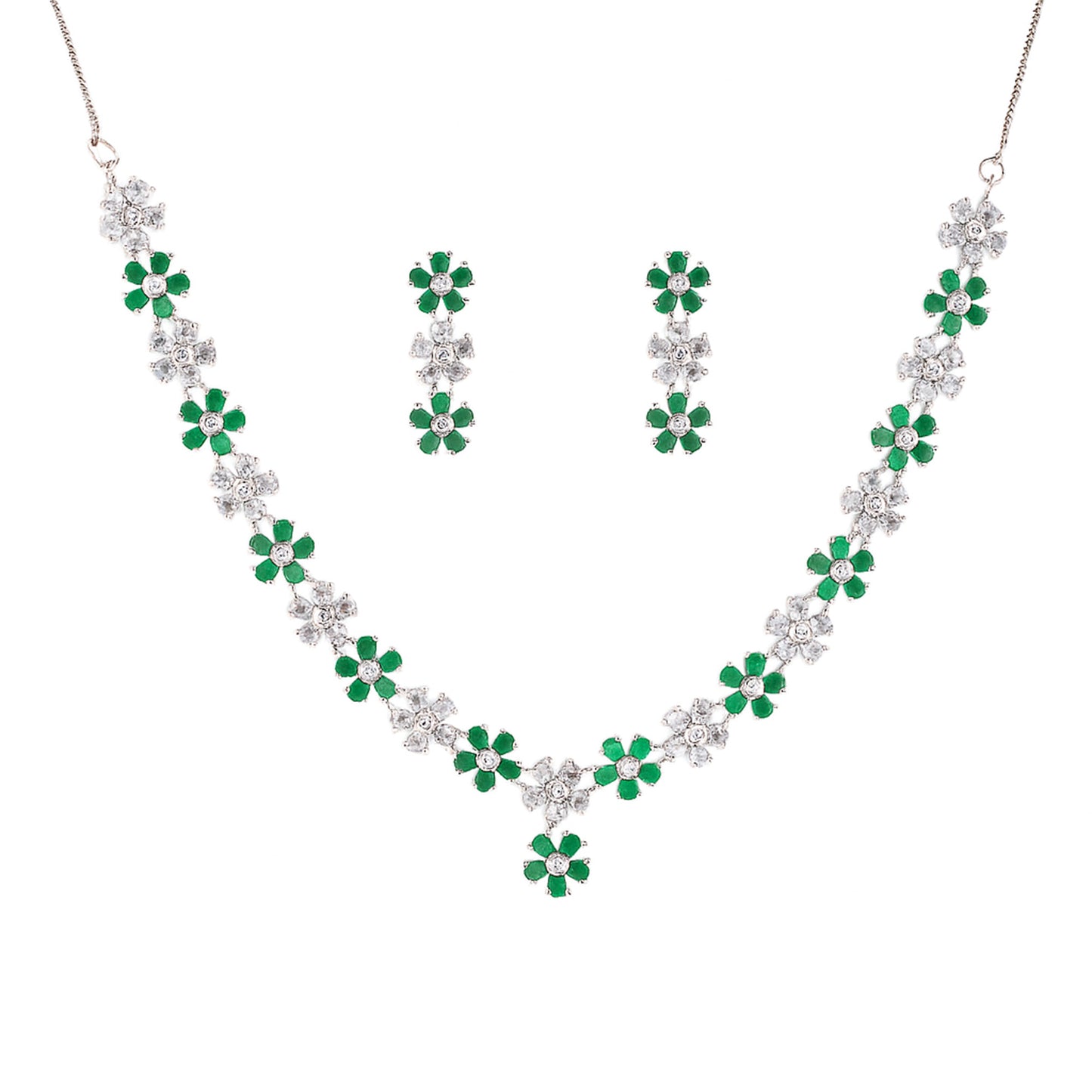 Silver Plated Green AD Floral Jewellery Set for Women