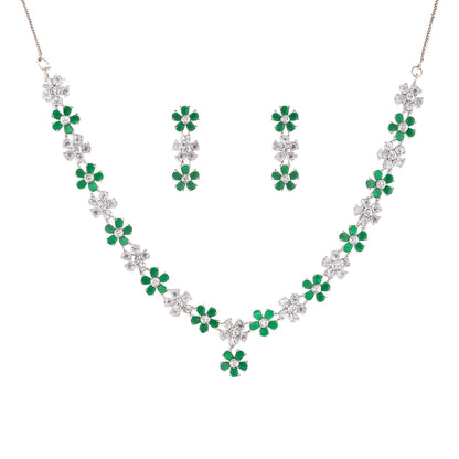 Silver Plated Green AD Floral Jewellery Set for Women