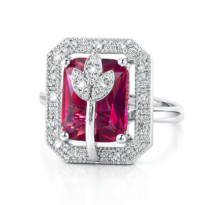 Rhodium Plated Red AD Leaf Adjustable Ring for Women