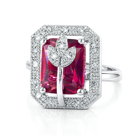 Rhodium Plated Red AD Leaf Adjustable Ring for Women