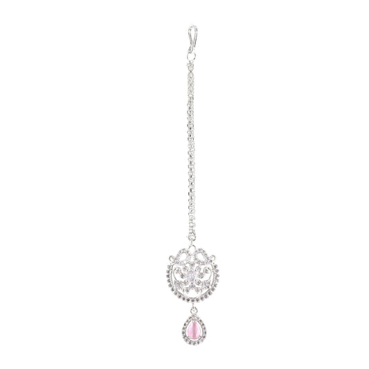 Rhodium Plated Pink AD Maang Tikka for Women