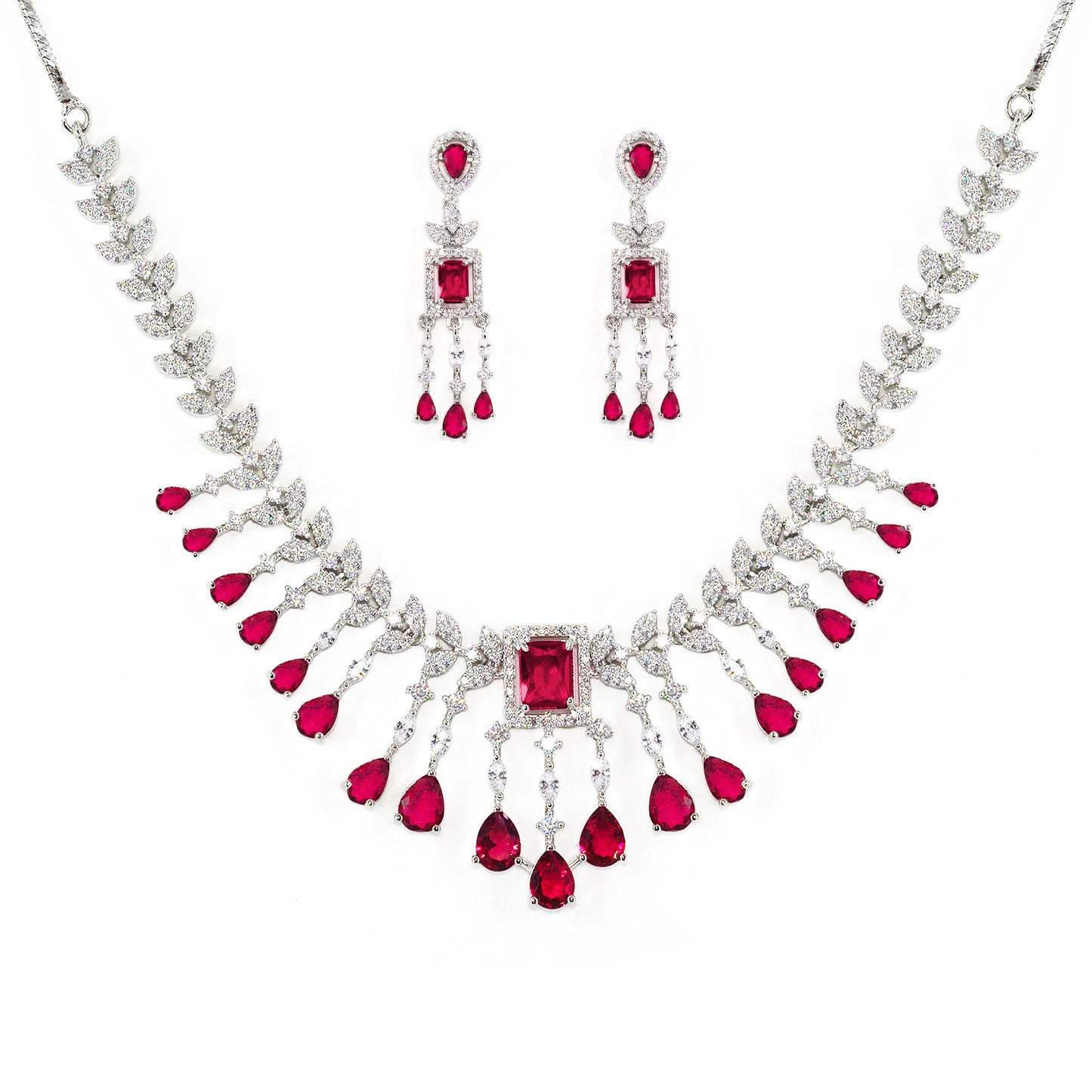 Silver Plated Red American Diamond Studded Jewellery Set