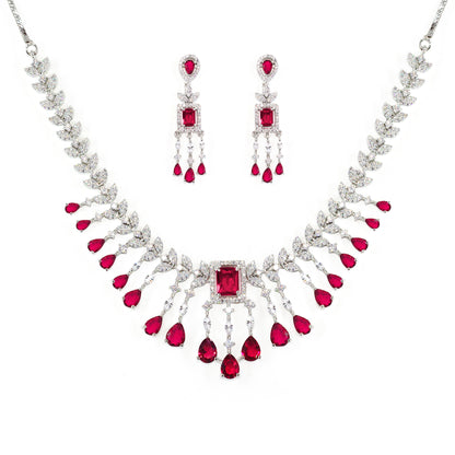Silver Plated Red American Diamond Studded Jewellery Set