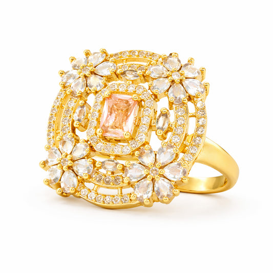 Gold Plated Pink AD Floral Finger Ring for Women