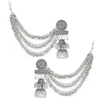 Silver Oxidised Double Jhumka Earrings with Ear Chain