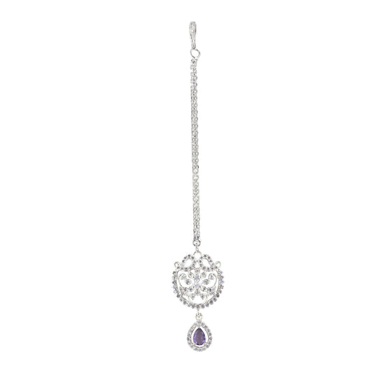 Silver Plated Purple AD Ethnic Maang Tikka for Women