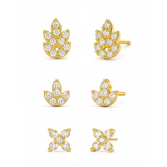 Set of 3 Gold Plated Stud Earrings for Women