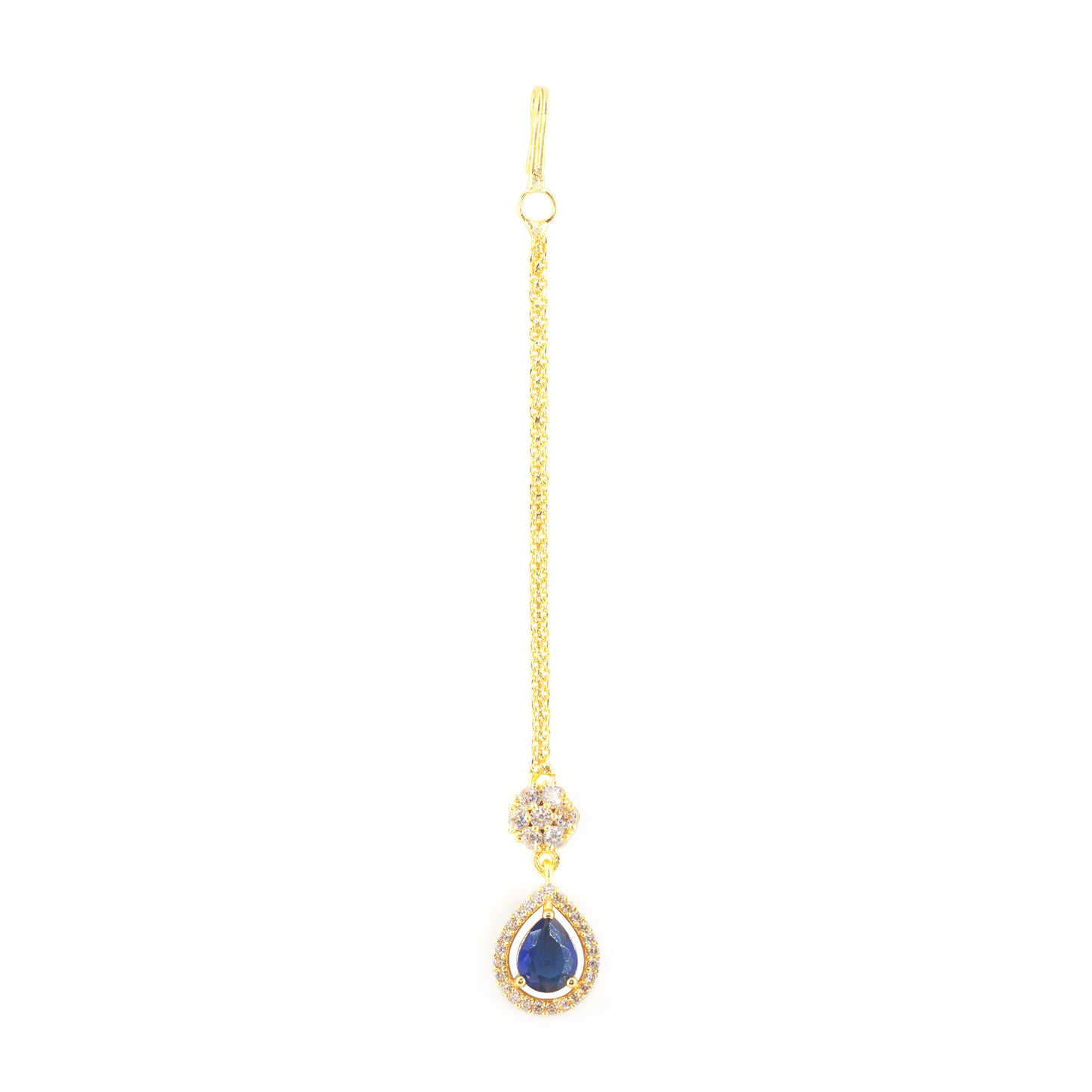 Gold Plated Blue AD Teardrop Maang Tikka for Women