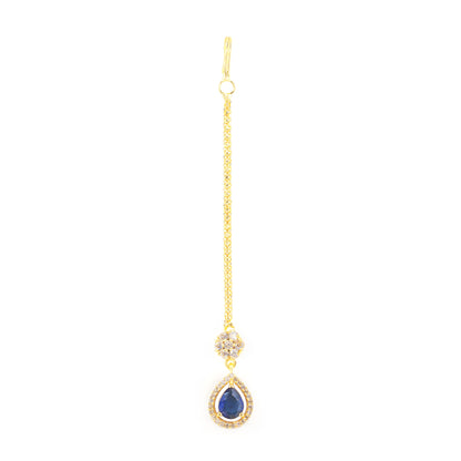 Gold Plated Blue AD Teardrop Maang Tikka for Women