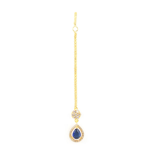 Gold Plated Blue AD Teardrop Maang Tikka for Women