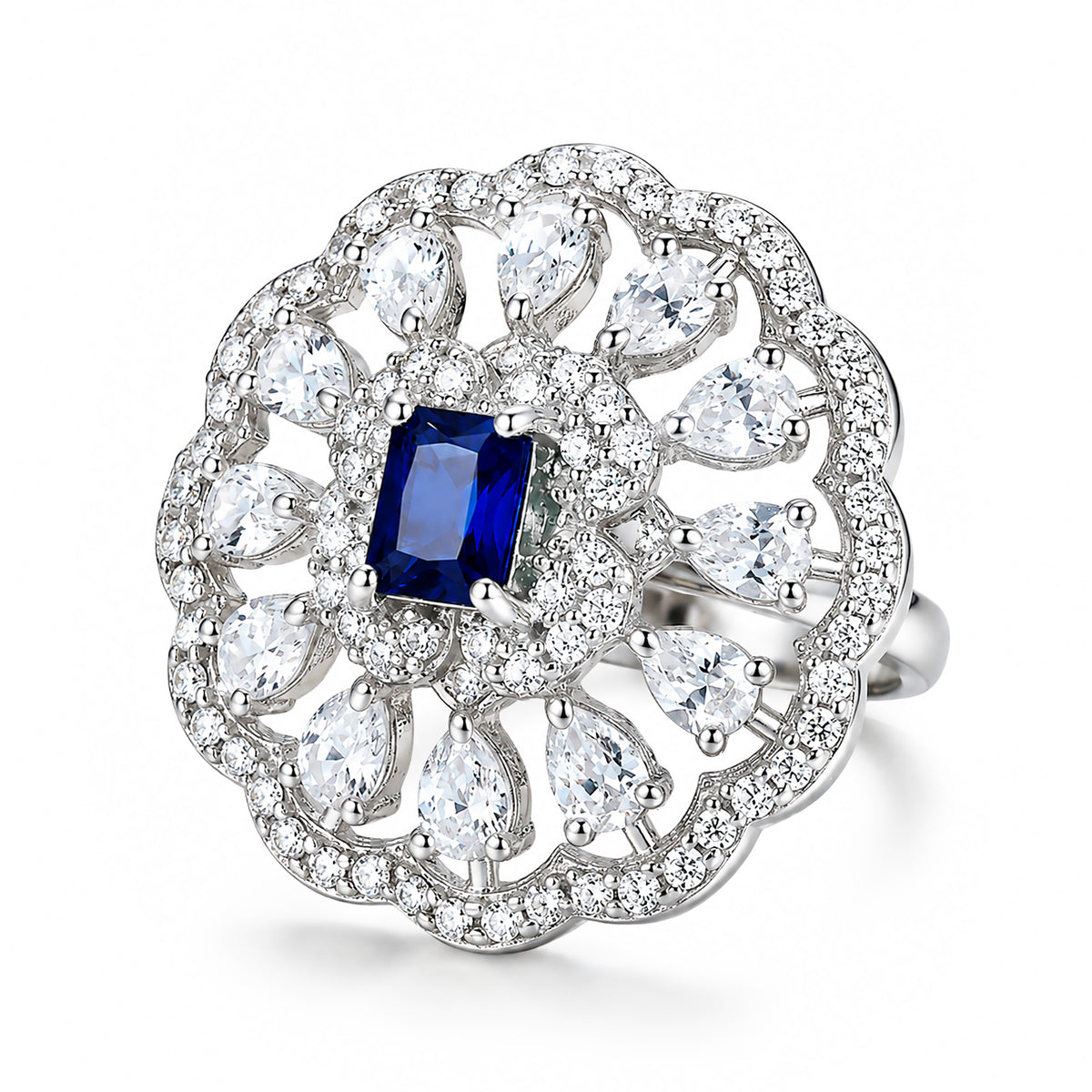 Rhodium Plated Blue AD Finger Ring for Women