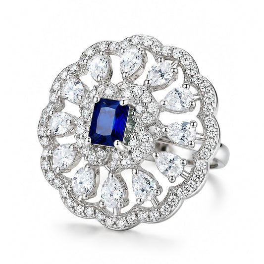 Rhodium Plated Blue AD Finger Ring for Women