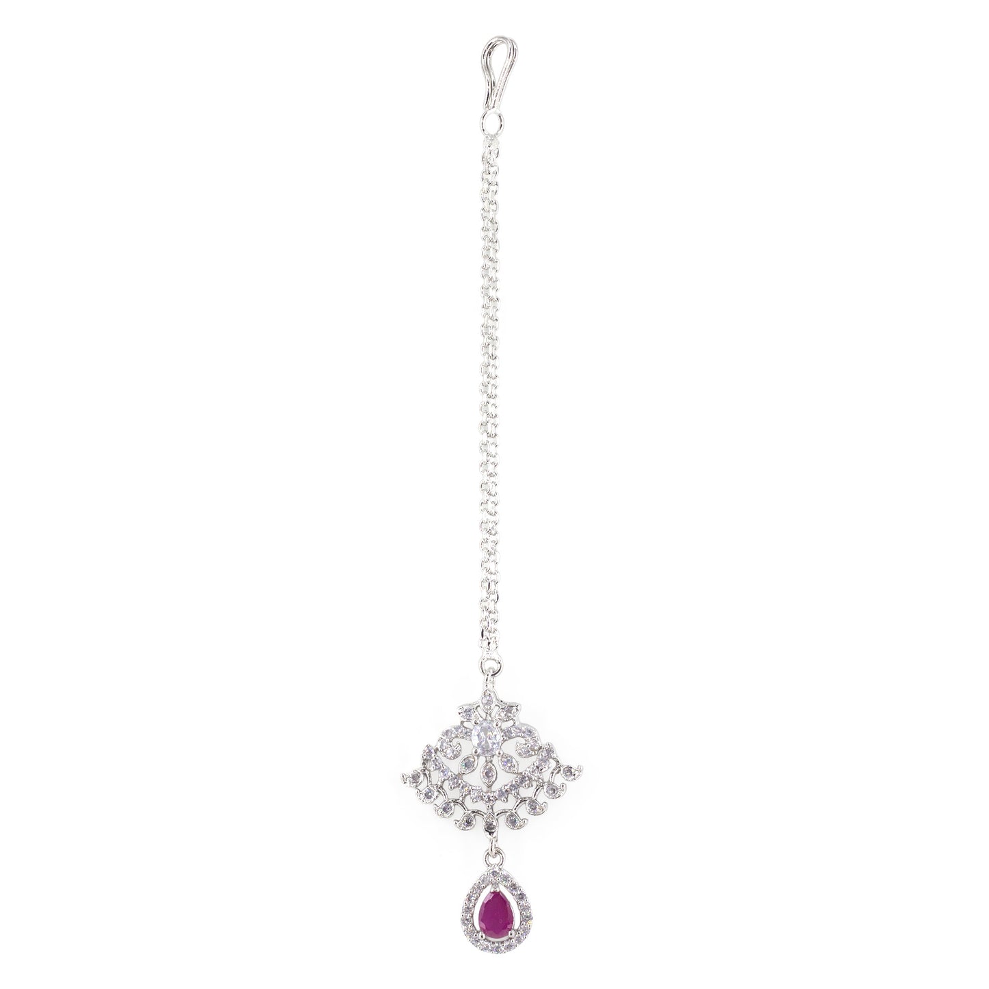 Silver Plated Red AD Maang Tikka for Women