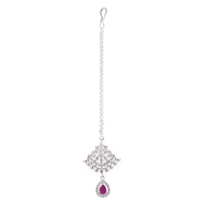 Silver Plated Red AD Maang Tikka for Women