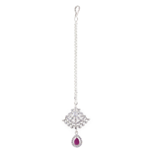 Silver Plated Red AD Maang Tikka for Women