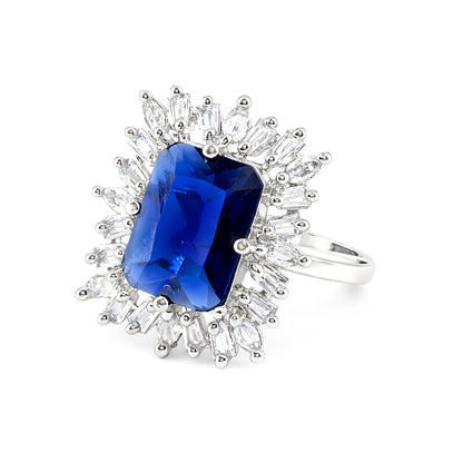 Rhodium Plated Blue AD Adjustable Ring for Women