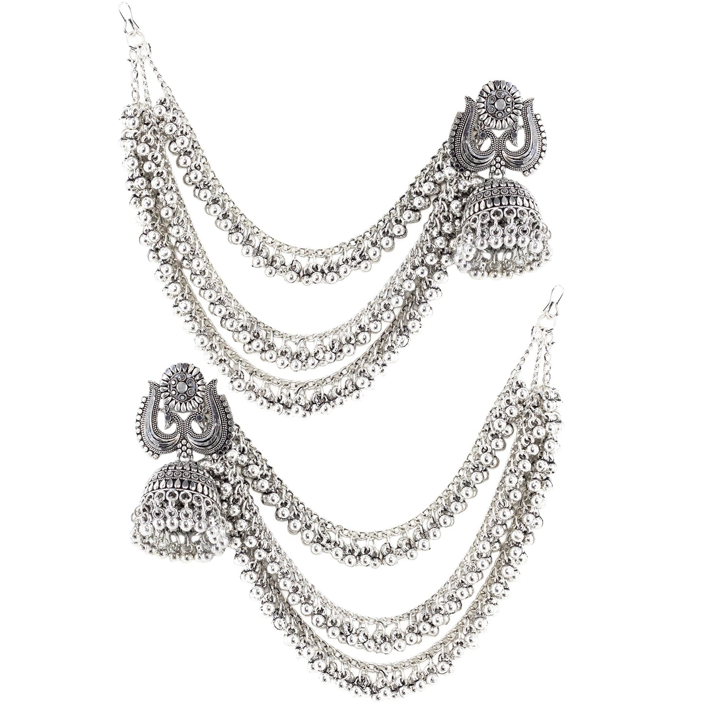 Silver Oxidised Jhumka Earring with 3 Layred Chain for Women