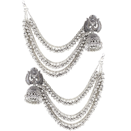 Silver Oxidised Jhumka Earring with 3 Layred Chain for Women