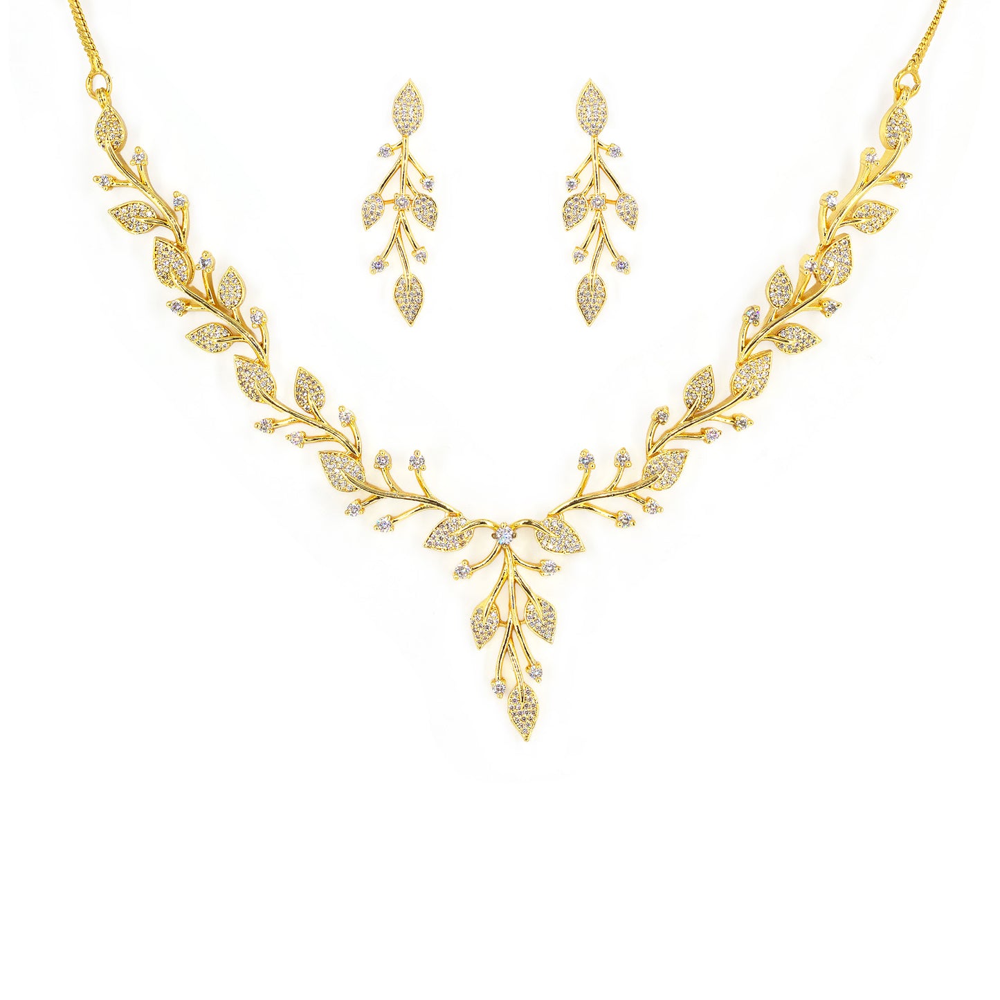 Gold Plated American Diamond Leaf Designer Jewellery Set for Women