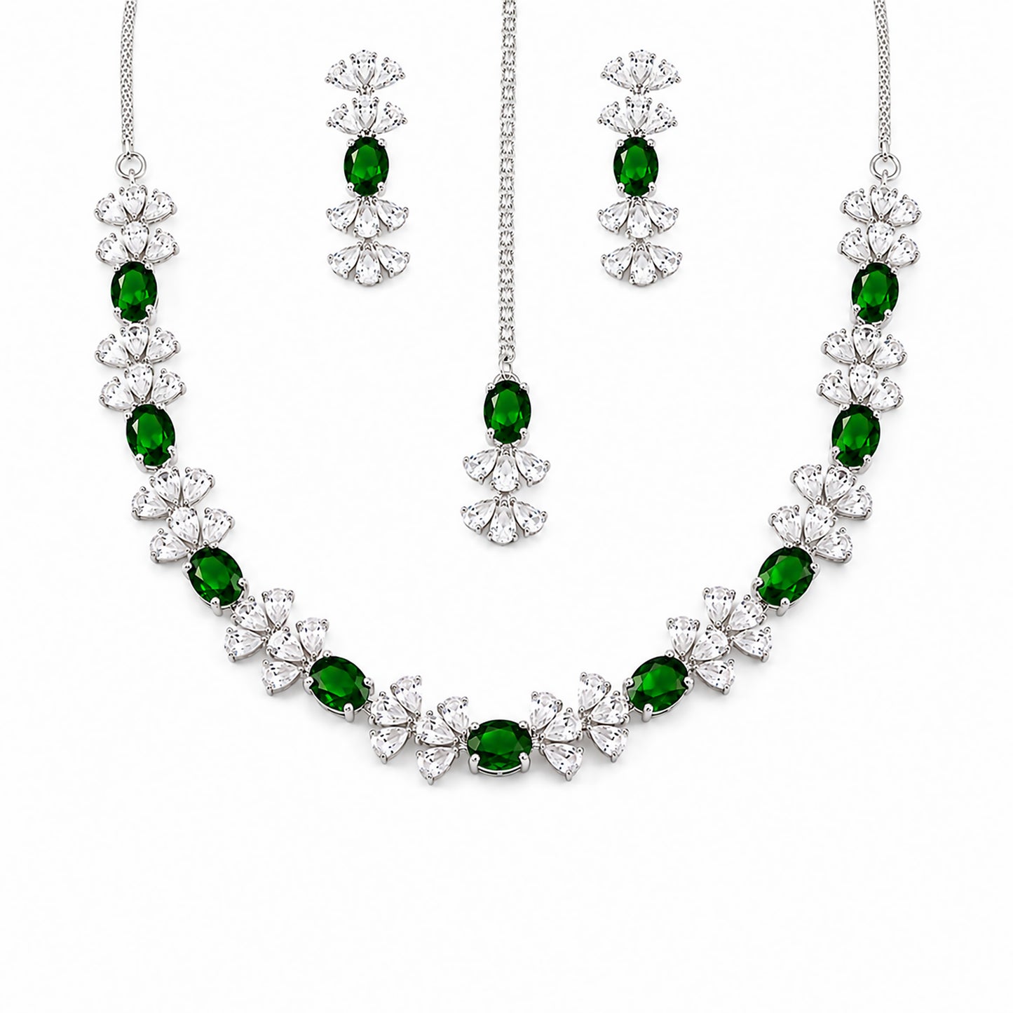 Silver Plated Green AD Jewellery Set for Women
