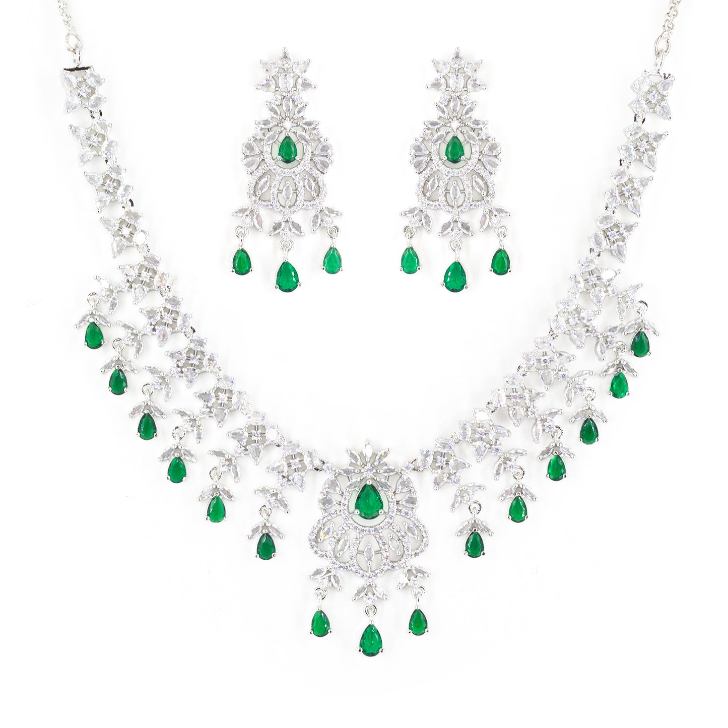 Rhodium Plated Green & White AD Jewellery Set