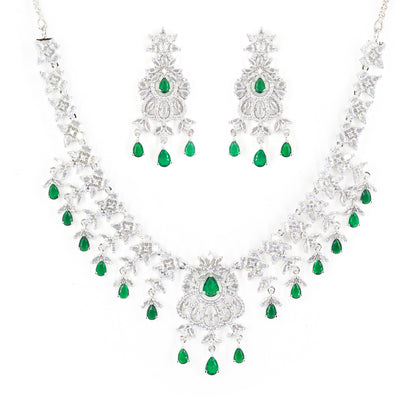 Rhodium Plated Green & White AD Jewellery Set