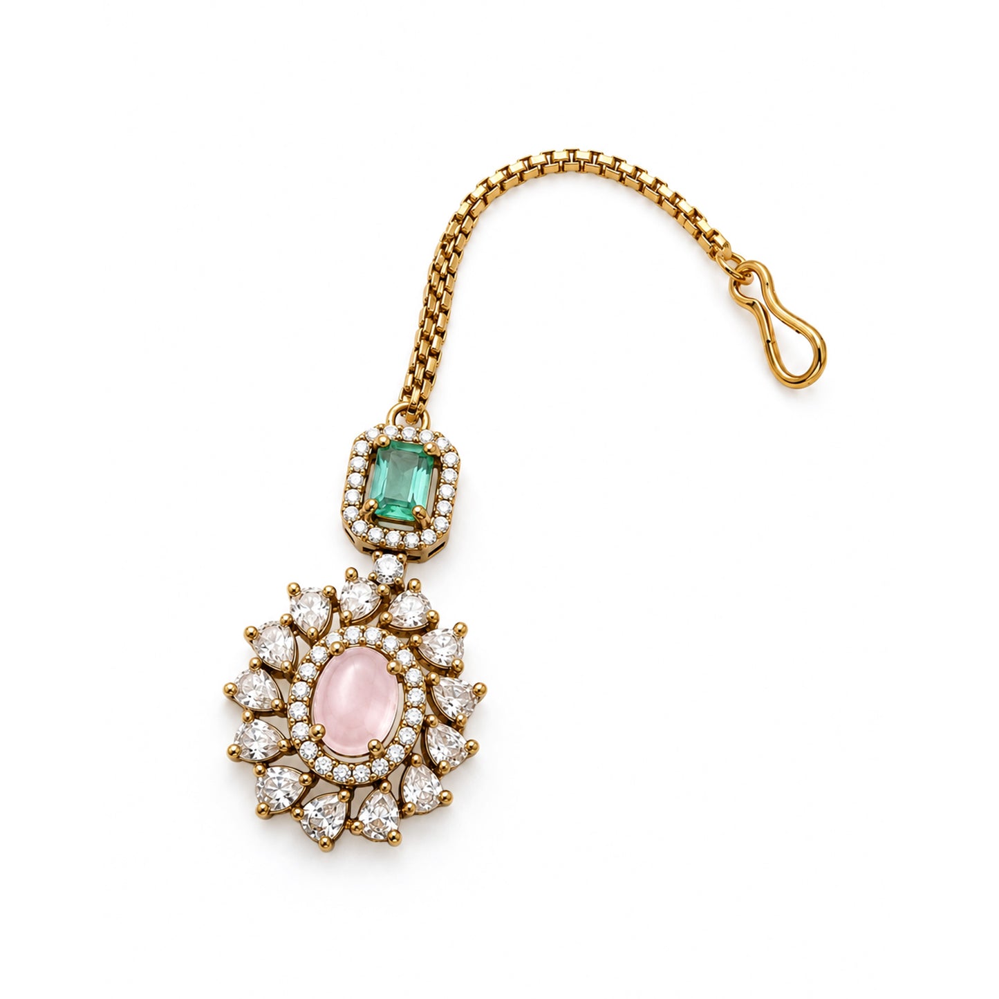 Antique Gold Plated Pink AD Maang Tikka for Women