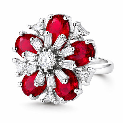 Rhodium Plated Red AD Floral Finger Ring for Women