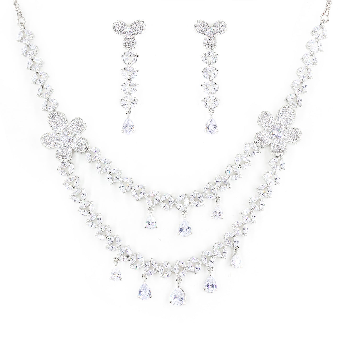 Silver Plated White AD Studded Designer Jewellery Set