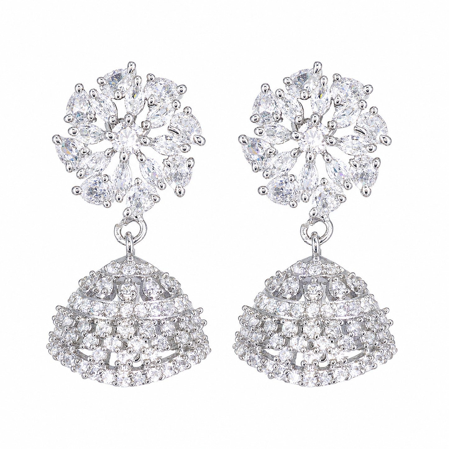 Silver Plated American Diamond Floral Diamond Jhumka Earrings for Women