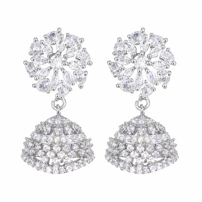 Silver Plated American Diamond Floral Diamond Jhumka Earrings for Women