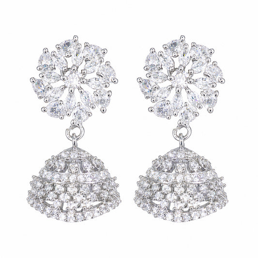Silver Plated American Diamond Floral Diamond Jhumka Earrings for Women