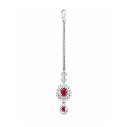 Silver Plated Red AD Maang Tikka for Women
