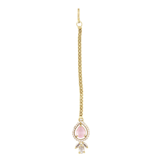Gold Plated Pink AD Maang Tikka for Women